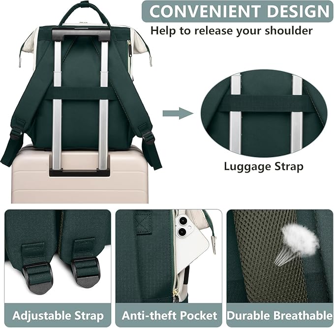Laptop Backpack Women Work Bag: 15.6 inch Work Bookbag with USB Charging Port Large Travel Backpack Purse for College Nurse Casual Daypack for Teacher Professional Computer Backpack Beige Green