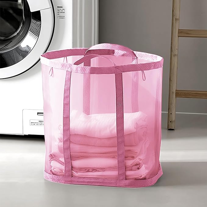 Mesh Bag with Handles, Collapsible Laundry Basket, Foldable Laundry Bag, Breathable Folding Beach Bag,Space-saving Travel Tote Bags (2, Blue&Pink)