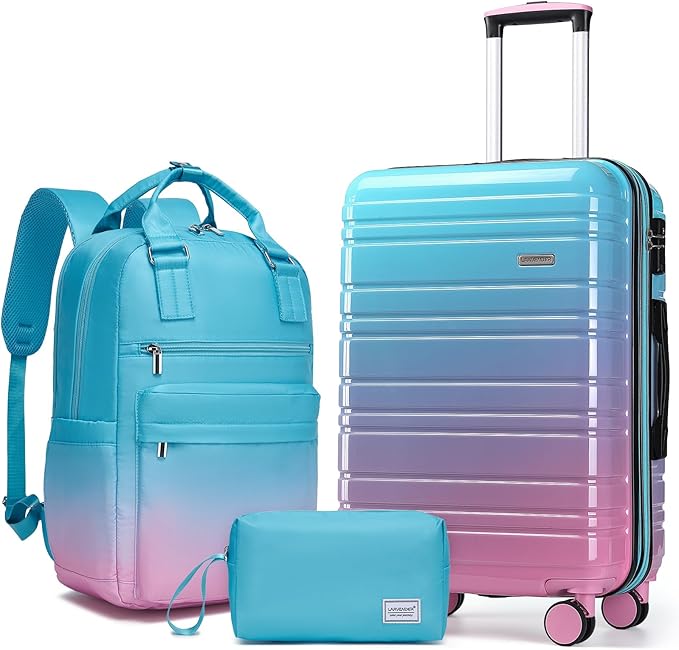 LARVENDER Carry on Luggage 22x14x9 Airline Approved Hardshell Suitcase with Wheels TSA Lock, PC+ABS Lightweight Suitcase Set for Women with Travel Backpack, Cotton Candy, 3 Piece Set