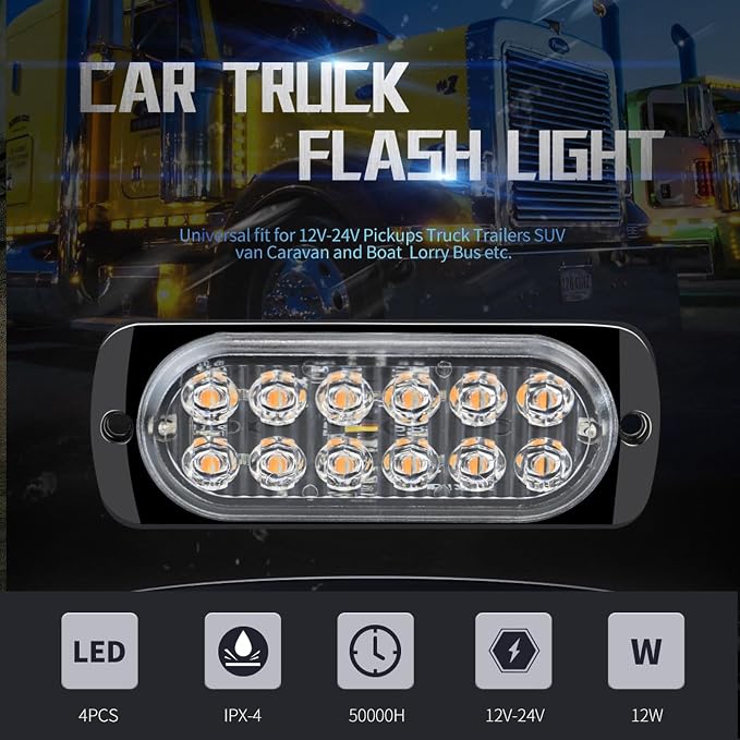 8-Pack 12 LED Vehicles Trucks Emergency Strobe Lights Kit, 12-24V Light | 18 Flash & Steady Modes, IP65 Waterproof, Emergency Flashing Construction Caution Lights for Truck Car ATV