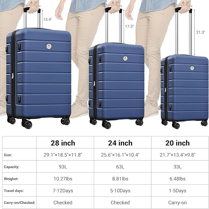 Classic 3-Piece Luggage Set with TSA Lock, Lightweight Suitcase with Spinner Wheels, Hardshell Expandable Carry-On Luggage, 20/24/28 inch, Navy Blue