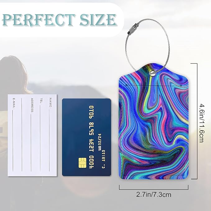 Luggage Tags Set of 2 Colorful Abstract Marble Leather Suitcase Tags with Stainless Steel Loop and Privacy Cover for Women Men Travel Luggage Accessories