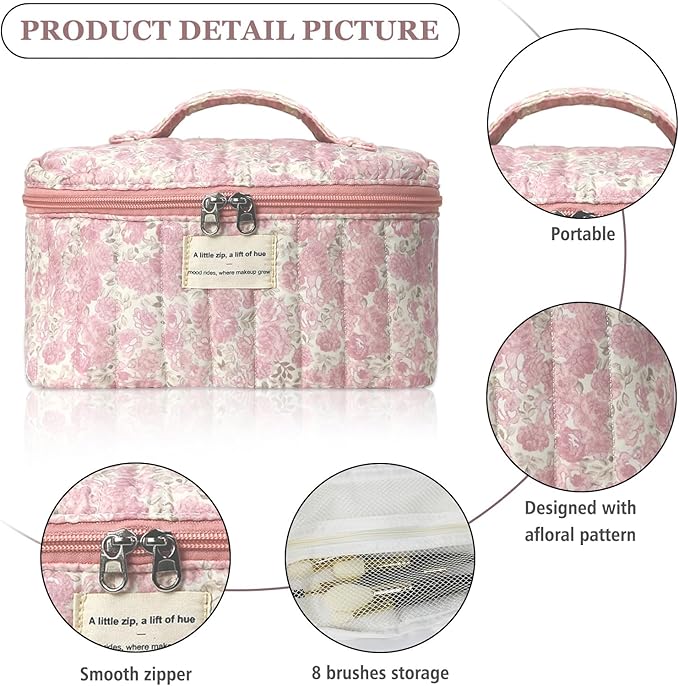 Large Makeup Bag, Cute Cosmetic Bag for Women Girls, Floral Coquette Aesthetic Toiletry Bag, Travel Make Up Organizer Bag (Crushed Flower)