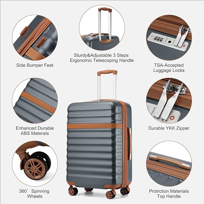 Kono Expandable 28 Inch Large Checked Luggage: ABS+PC Hardside Trolley Travel Case - Hard Shell Suitcase with TSA Lock,Grey Brown