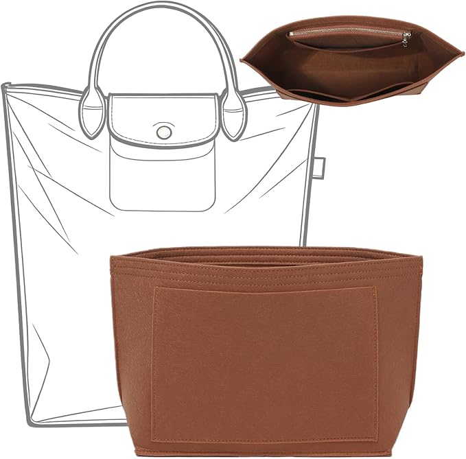 Doxo Felt Purse Organizer Insert for Longchamp Le Pliage M Totes, Longchamp Orgainzer Insert Meduim with 7 Compartments & YKK Zipper | Fits Long Champ Meidum Top Handle Tote Bag (SM, Gold Brown)