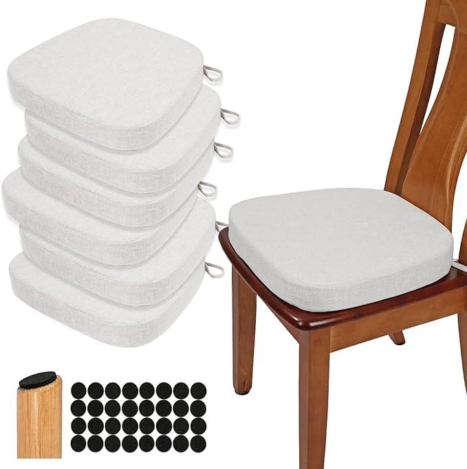 BUYUE Thickened 2.5" Dining Chair Cushions Set of 6, U-Shape High Density Foam Comfortable Chair Pads for Kitchen, Slip Resistant Indoor Seat Cushions (6 PCS, Light Grey)