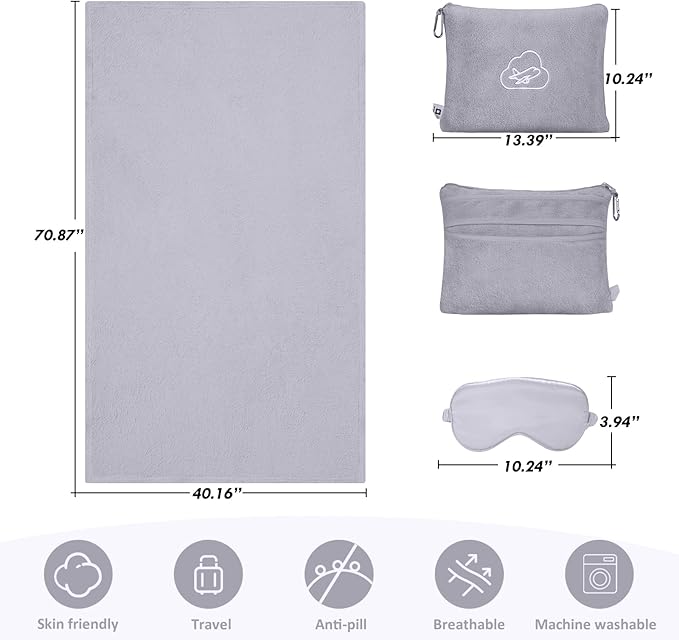 Travel Blanket, Airplane Blanket, Ultra-Soft, Warm & Lightweight, 65x40 in, Outdoor Blanket Essentials for Women, Men & Kids, Included Eye Mask, Luggage Sleeve & Backpack Clip Grey