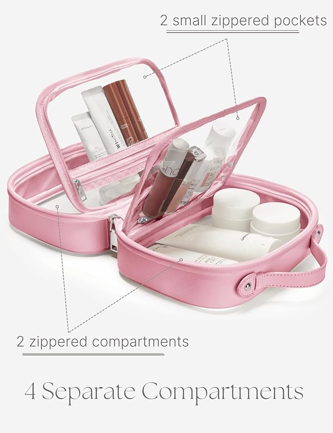 Clear Cosmetic Bag Double Layer Travel Toiletry Bag Clear Makeup Bag Case with 4 Compartments, Transparent Travel Bag for Toiletries, Large Toiletry Bag for Women Cosmetic Case (Pink, Large)