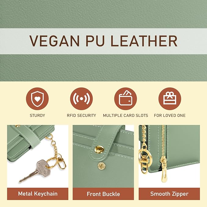Jogjam Green Rfid Ladies Wallet, Small Slim Thin Compact Credit Card Women Wallet, PU Leather Bifold Cash Zipper Coin Pocket ID Window for Female