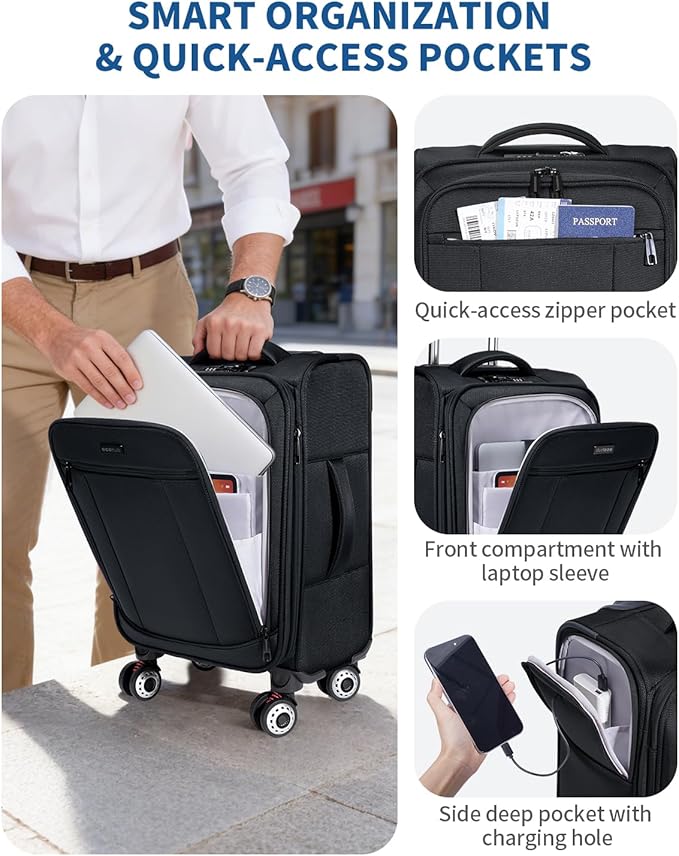 ECOHUB Carry On Luggage Airline Approved, 20 Inch Softside Carry On Suitcase with Spring Shock-Absorbing Spinner Wheels, Lightweight Travel Luggage with TSA Lock, 22x14x9 Carry-On Bag