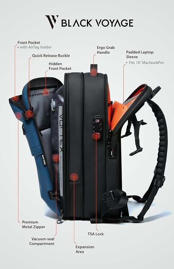 BlackVoyage Vortex Vacuum Seal Travel Backpack 60L Expandable Air Compression System Water Resistant TSA Lock Carry-On Suitcase Luggage Blue AERO - Vacuum Pump Included