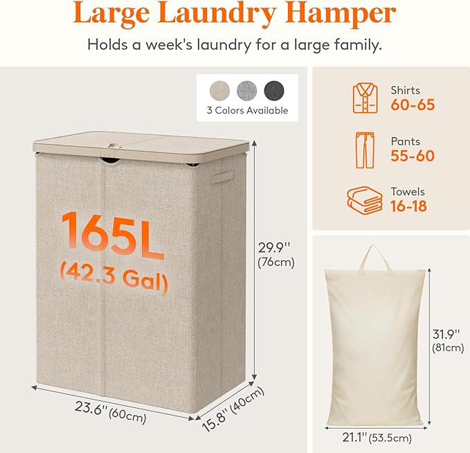 Lifewit 165L Large Laundry Basket with Lid, Laundry Hamper with Plastic Handles and Removable Bag, Foldable Tall Dirty Clothes Hampers for Laundry for Laundry Room, Bedroom, Bathroom, Dorm, Beige