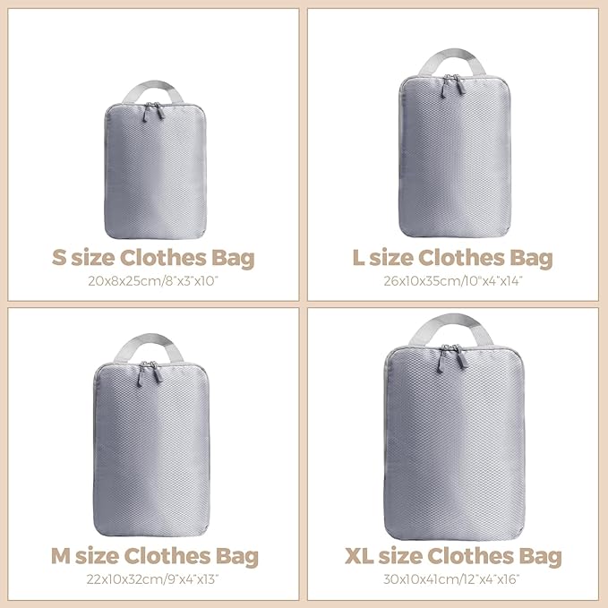 4 Set Compression Packing Cubes for Suitcase - Space-Saving Luggage Organizer Bags, Lightweight Travel Essentials for Efficient Packing (Grey)