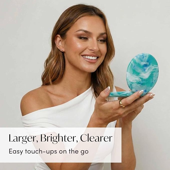 Fancii Taylor LED Lighted Travel Makeup Mirror, Rechargeable, 10x /1x Magnifying, Tru-Glow Lighting System, XL Large 5” Wide | Compact Mirror for Purses (Sea Serenity)