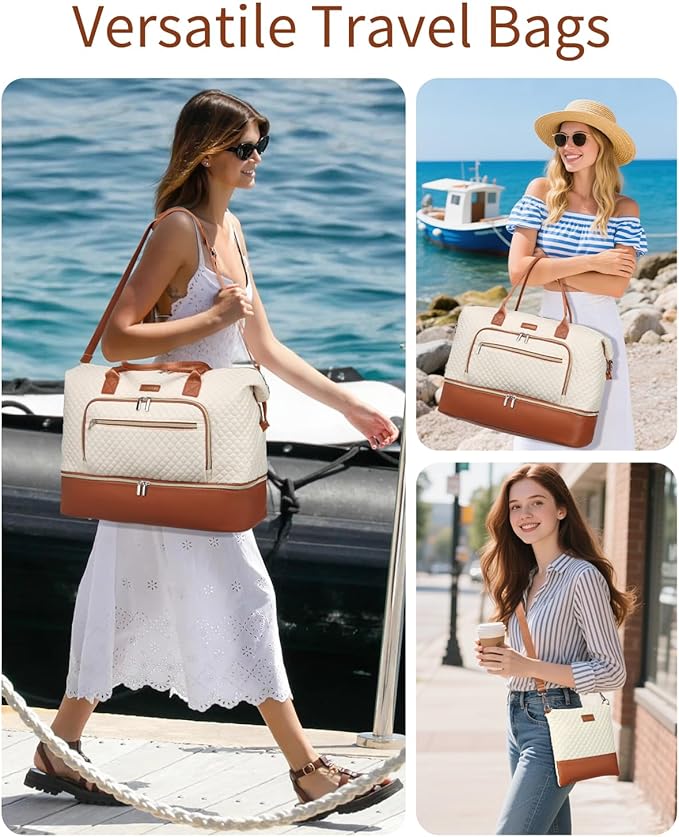 Weekender Bags for Women, Travel Tote Duffle Bag Carry On Overnight Bag with Cosmetics Bag and Crossbody Purse for Gym Hospital, Gifts for Women, Beige Brown