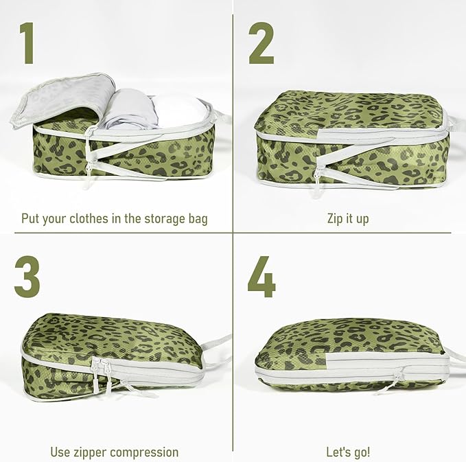 4 Set Compression Packing Cubes For Travel Bags Organizer For Luggage Suitcase Organizer, Compression Bags For Travel Accessories Luggage Storage Set (4 Pcs, Green Leopard)