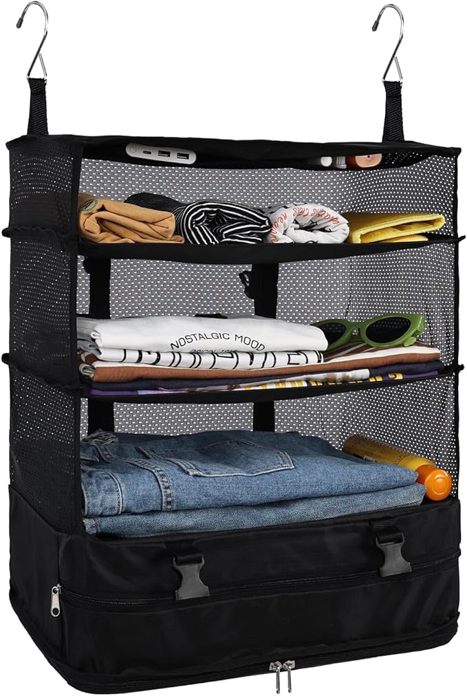 Surblue Hanging Closet Storage Bag Collapsible 3-Shelf Washable Oxford Fabric with 2 Hooks (XL 17.71 * 11.81 * 20in, Black)