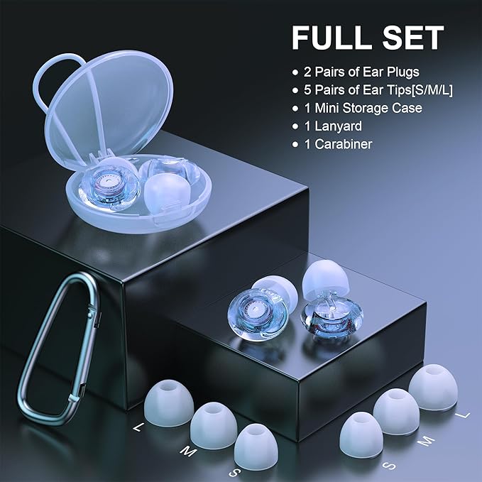 Ear Plugs for Concerts, 2 Pack High Fidelity Ear Plugs, Reusable Silicone Earplugs for Concert, Rave, Work, Musicians, 5 Pair Ear Tips, 18-25 dB Concert Ear Plugs for Noise Cancelling(Blue)