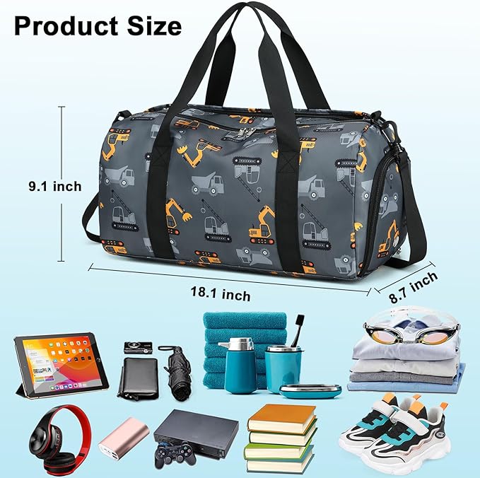CAMTOP Kids Duffel Overnight Bag Boys Girls Toddler Weekender Carry-On Personalized Tote for Travel Gym Sport (Grey Vehicle)