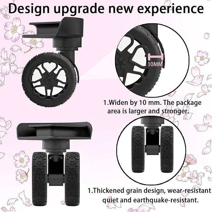 Luggage Wheel Protector, 8PCS Sakura Love Design - Premium Silicone Protectors for 2-2.4" Spinner Wheels Anti-Slip, Ultra-Quiet & Wear-Resistant Travel Accessories (Black)