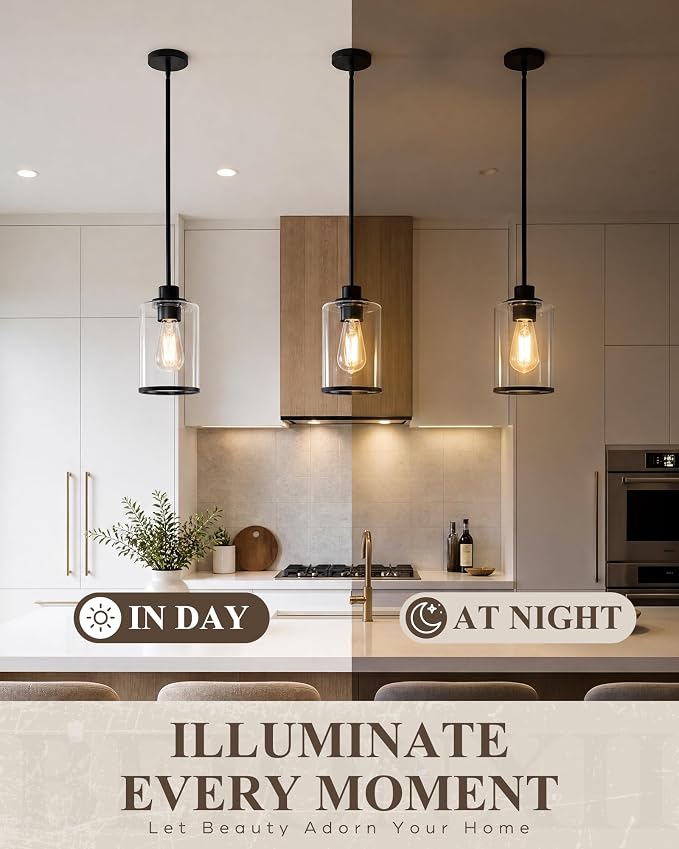 Beionxii 2 Pack Pendant Light Fixtures, Glass Pendant Lights Kitchen Island | Farmhouse Pendant Lighting,Modern Hanging Pendant Light w/Rod for Kitchen Island Dining Room Bedroom Entryway,BX-PL02MB-2CG+R