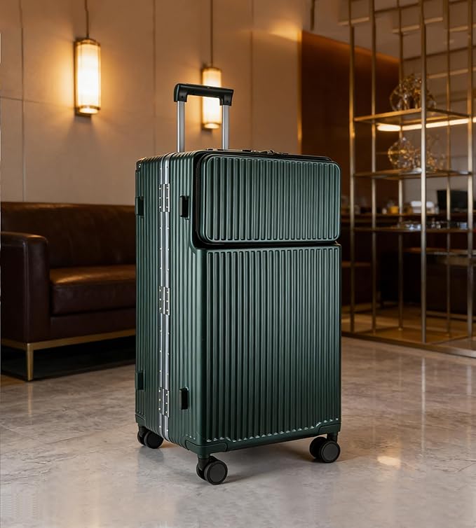 feilario 30in Super Large Captain Aluminum Frame Hardside Spinner Wheels Luggage, Zipperless Checked Suitcase with Front Compartment/Cup Holder/Phone Holder (Forest green,30in)