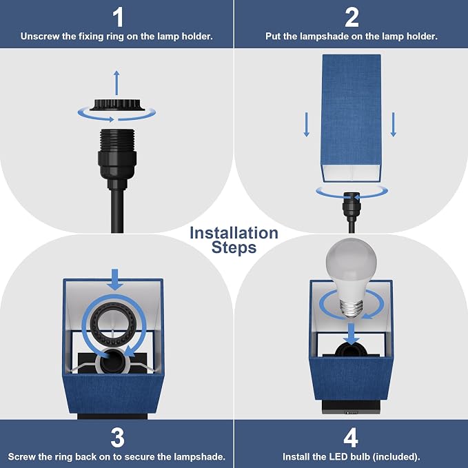 Bedside Table Lamp for Bedroom with 2USB Ports, 14-Inch, NavyBlue | USB A+C Ports, Touch 3-Way Dimmable LED Bulb Included Fabric Lampshade Metal Base Small Nightstand Lamp for Desk Living Room