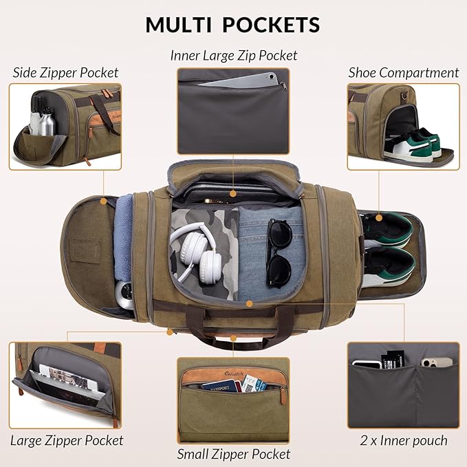 Canvas Duffle Bag for Travel 50L Expandable Travel Duffel Bags for Men Women Weekender Overnight Bag with Shoes Compartment - Brown