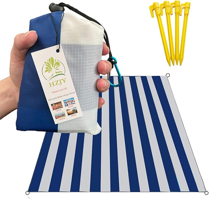 Pocket Blanket 71"x55", Lightweight Compact Sandproof Waterproof Outdoor Blanket for Beach, Hiking, Camping, Travel, Festivals, Picnic with Pockets, Loops, Stakes, Carabiner