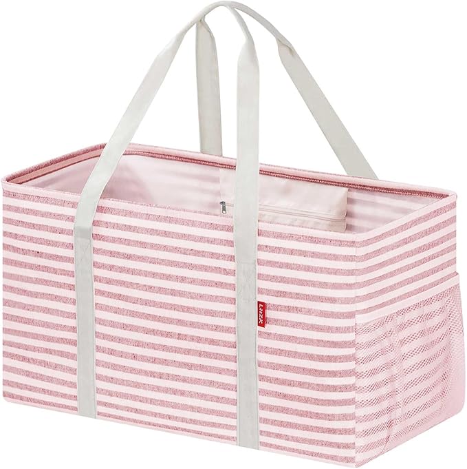LHZK Standing Extra Large Utility Tote Bag with Metal Wire Frame and the Sides Rinforced, Extra Large Tote Bag with Handle, Reusable Grocery Bags Foldable, Beach Bag, Car Tote (Pink)