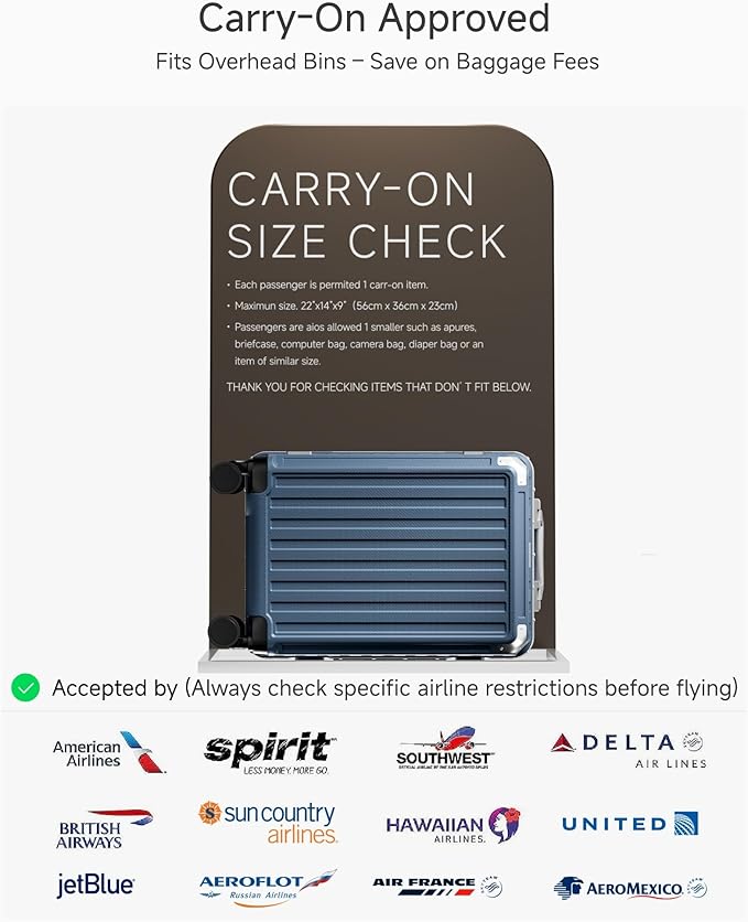 Carry On Luggage with Spinner Wheels, 8010S Aluminum Frame Zipperless Polycarbonate Hard Shell Suitcase (ZX-Core, Blue, 20 Inch)
