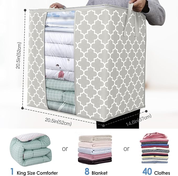 WISELIFE Storage Bags 4 Pack/100L Large Blanket Clothes Organization and Storage Containers for Comforters,Bedding, Foldable Organizer with Reinforced Handle, Clear Window, Sturdy Zippers,Lvory