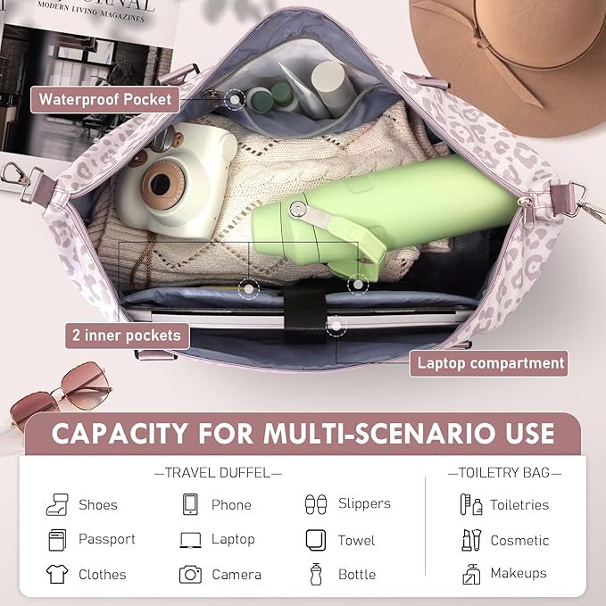 WOOMADA Weekender Overnight Bag for Women, Shoulder Travel Duffel with Shoes Compartment,Gym Bag with Toiletry Bag