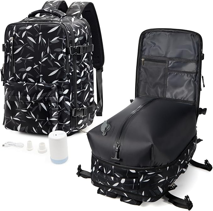 VGCUB Travel Backpack with Vacuum System Carry on 18x14x8 Inches Storage Compression Bags with Electric Pump Work Business Vacpack College Laptop Backpack for Women Men Leafy Black