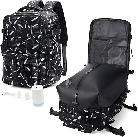 VGCUB Travel Backpack with Vacuum System Carry on 18x14x8 Inches Storage Compression Bags with Electric Pump Work Business Vacpack College Laptop Backpack for Women Men Leafy Black