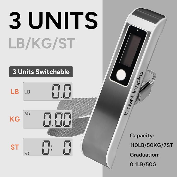 travel inspira Luggage Scale, Portable Digital Hanging Baggage Scale for Travel, Suitcase Weight Scale with Rubber Paint, 110 Pounds, Battery Included