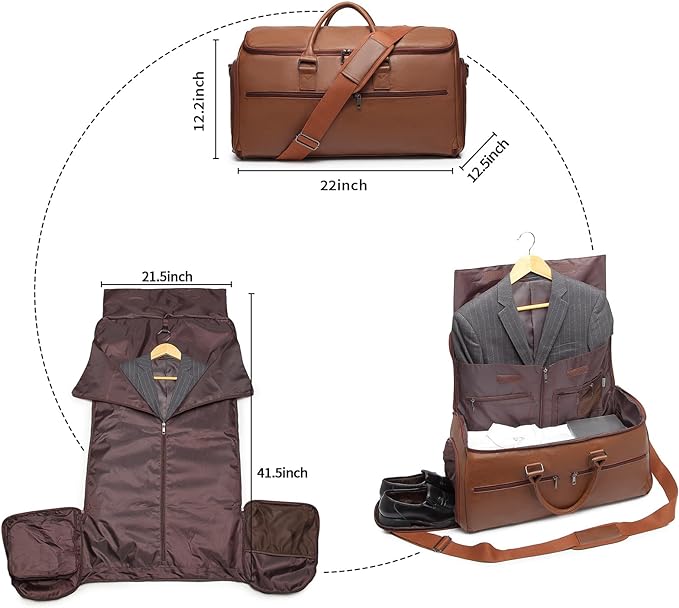 seyfocnia Garment Bag with Shoe Pouch Carry On Convertible Travel Duffel Bag for Men Women, 2 in 1 Hanging Suitcase Suit Business Travel Bag, Brown