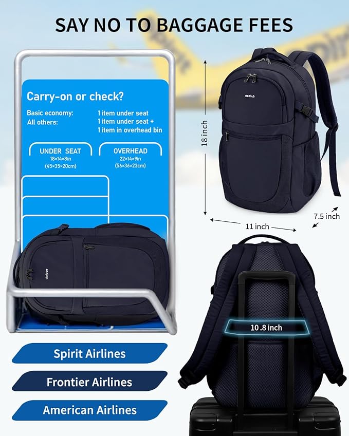 ECOHUB Travel Backpack for Women, 17.3 inch Suspended Laptop Backpack, Fashion Water-Resistant College Computer Bookbag, 28L Personal Item Bag with 12 Pockets for Causal, Work, Blue