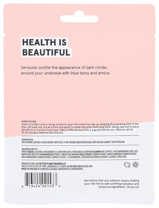 Acure Seriously Soothing Under Eye Hydrogels, 100% Vegan, For Dry to Sensitive Skin, Blue Tansy & Arnica - Soothes & Minimizes Dark Circles, Two Single Use, 0.24 Fl Oz