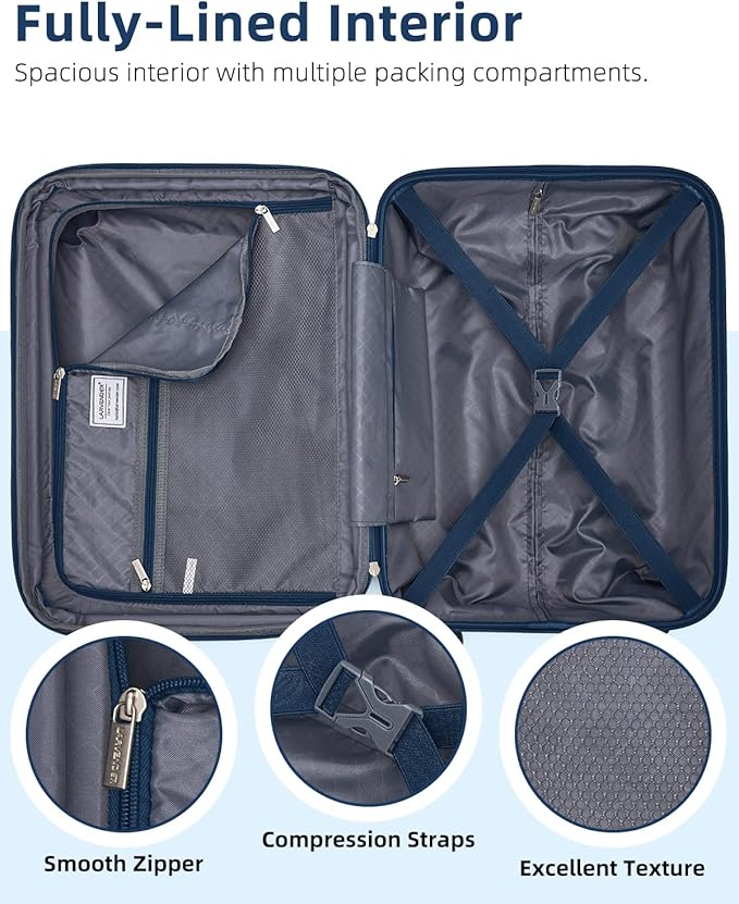 LARVENDER Carry on Luggage 22x14x9 Airline Approved, 20 Inch Expandable Hardside Suitcase with Wheels TSA Lock, PC+ABS Lightweight Carry on Suitcases for Women and Men, Dark Blue