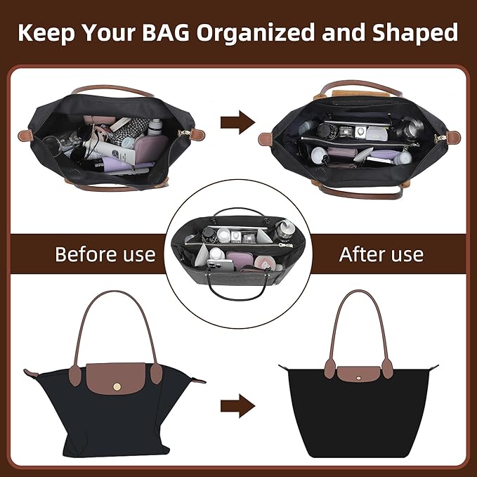 Doxo 2025 DupontPaper Purse Organizer Insert for Longchamp LePliage Large,Fixed Handle, Bag Shaper with Key Leash& 16 Compartments, Upgraded Elastic Cup Holder(Full Black,L)