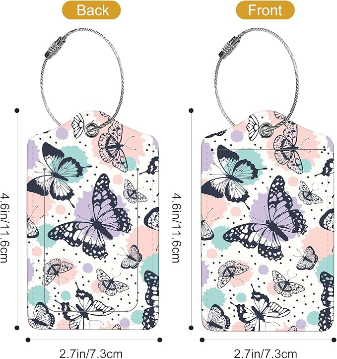 2Pack Luggage Tags for Suitcases, Cute Unique Pu Leather Cruise Luggage Tag with Privacy Cover ID Label Address Card and Metal Ring Suitable for Women Men Kids Travel Bag Colorful Butterfly 1