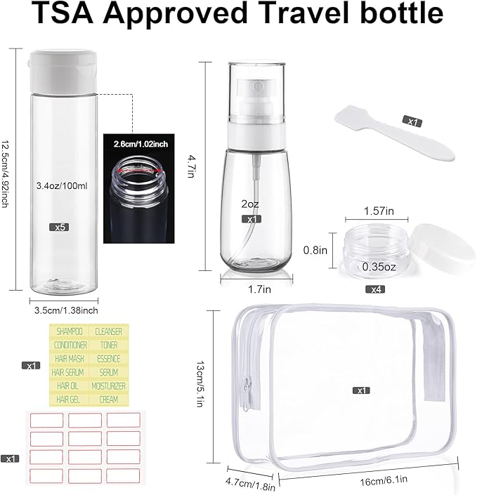 Travel Bottles for Toiletries 9 PCS 3.4oz TSA Approved Travel Size Containers Leak Proof Plastic Squeeze Bottle Small Cream Jars & Refillable Spray Bottle for Shampoo Conditioner Toner(Clear)