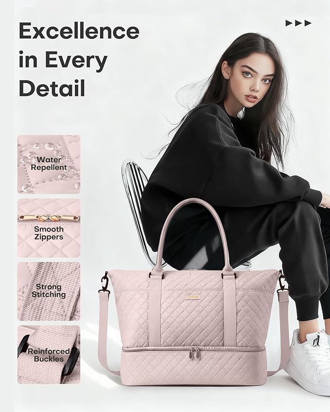 HOTOR Travel Duffel Bag - Weekender Bags for Women, Gym Tote Bags with Shoe Compartment, Carry On Overnight Bag with Toiletry Bag for Travel Essentials and Travel Accessories, Pink, 13.4"×17.3"×7.9"