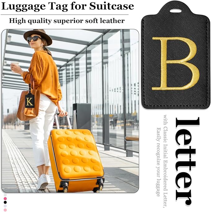 Personalized Initial Luggage Tags for Suitcases,Leather Letter Cute Luggage Tags with Privacy Name Card,Embroidered Monogrammed Travel Bag Backpack Tag Gifts for Women Kids Girls Teens(Black-B)