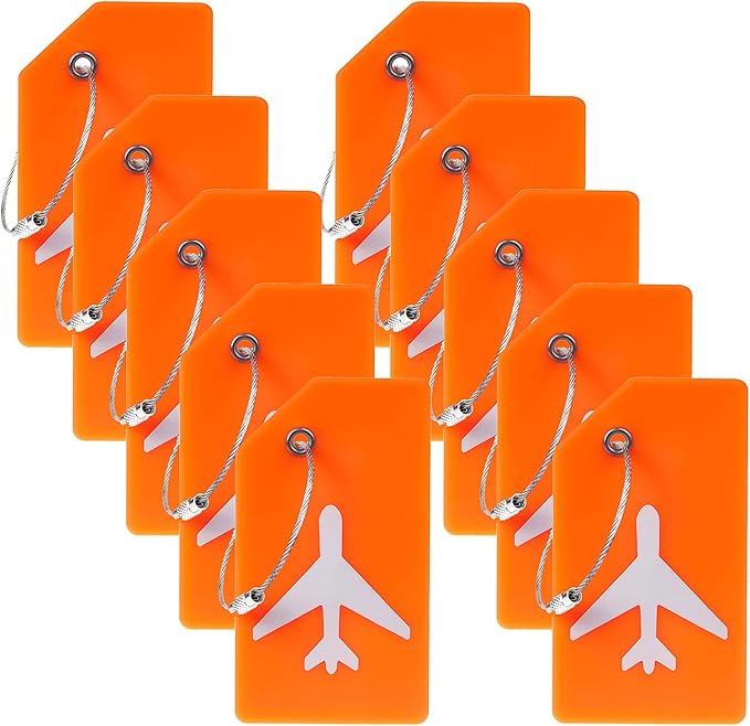 10 Pack Silicone Luggage Tag for Suitcases with Stainless Loop, TSA Approved, Privacy Protection Travel Essentials Bag Tags by Gostwo, Orange