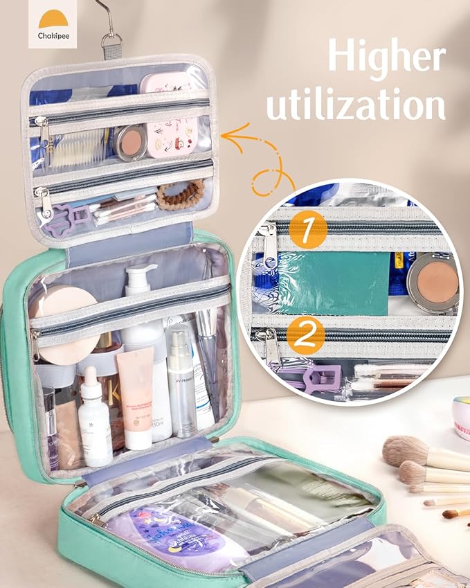 Travel Hanging Toiletry Bag for Women - Waterproof Cosmetic Organizer with Clear Window, Lightweight Bathroom Bags for Essentials, Makeup, Shampoo, Toiletries Green,Large
