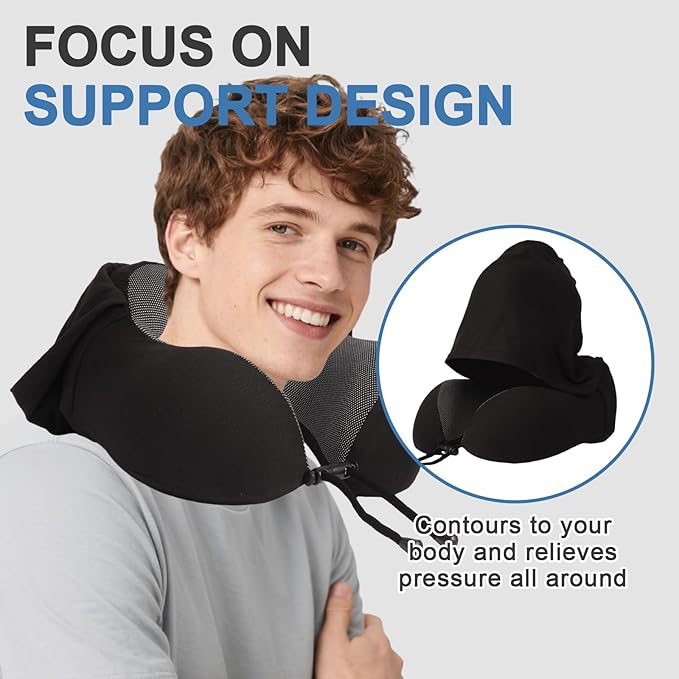 Travel Neck Pillow with 100% Light-Blocking Hood – Ergonomic Memory Foam Support Pillow for Airplane, Long Flights, Road Trips, Office and Car, Full Head and Neck Support with Skin-Friendly Cover