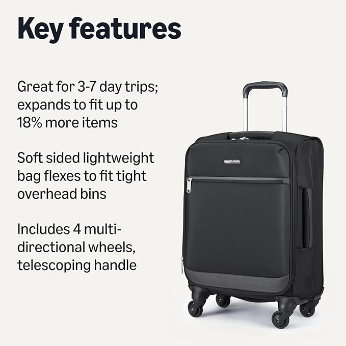 Amazon Basics 18" Medium Carry-On Softside Expandable Suitcase with 360-Degree Spinner Wheels, Telescoping Handle, Zippered Pocket and Straps, Black