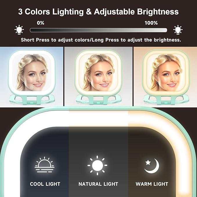 Mocado Compact Travel Makeup Mirror, 1X/10X Magnifying Mirror with Light, Double Sides Compact Mirror with 3 Color Light, Dimmable Handheld Mirror, Rechargeable Travel for Purse,Pocket(Green)